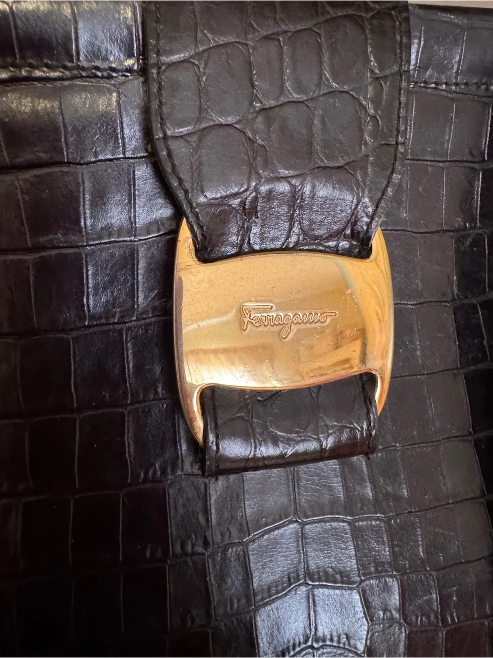 Salvatore Ferragamo Black Croc-Embossed Leather Bag with Gold Hardware